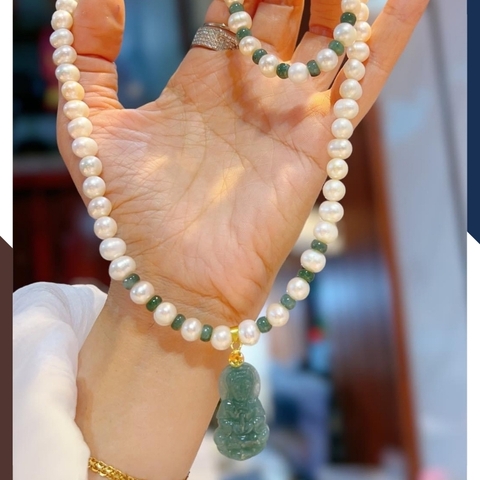 Bộ trang sức ngọc trai thật mặt phật quan âm lam ngọc cho mẹ, phụ nữ trung niên mặc áo dài mã 78AC790