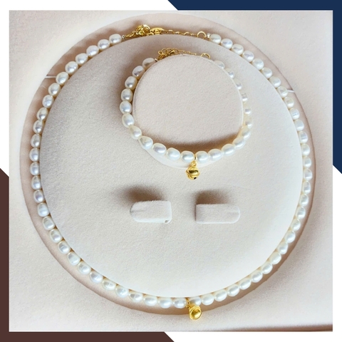 Bộ trang sức ngọc trai thật mix chuông bạc xi vàng BTSNT199 – Nổi bật, trẻ trung & nữ tính