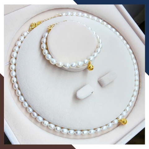 Bộ trang sức ngọc trai thật mix chuông bạc xi vàng BTSNT199 – Nổi bật, trẻ trung & nữ tính