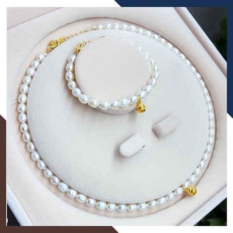 Bộ trang sức ngọc trai thật mix chuông bạc xi vàng BTSNT199 – Nổi bật, trẻ trung & nữ tính