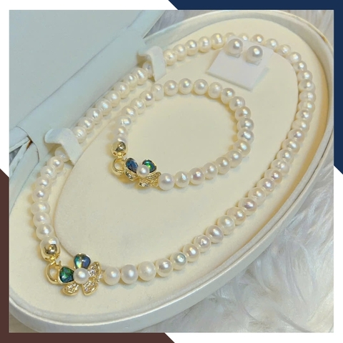 Bộ Trang Sức Ngọc Trai Thật Mix Khoá Hình Hoa 5 Cánh BTSNT220 – Thanh Lịch & Nữ Tính