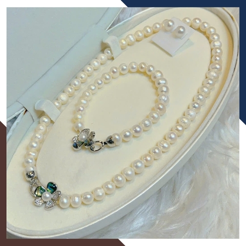 Bộ Trang Sức Ngọc Trai Thật Mix Khoá Hình Hoa 5 Cánh BTSNT220 – Thanh Lịch & Nữ Tính