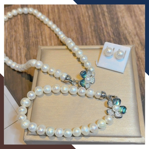 Bộ Trang Sức Ngọc Trai Thật Mix Khoá Hình Hoa 5 Cánh BTSNT220 – Thanh Lịch & Nữ Tính