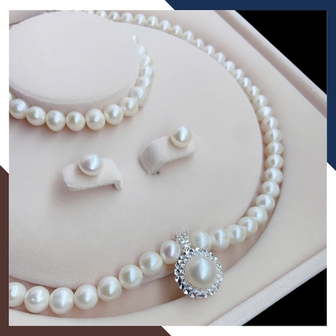 Bộ trang sức ngọc trai thật mix mặt bạc hình hoa BTSNT186 – Thanh khiết, quý phái & tinh tế