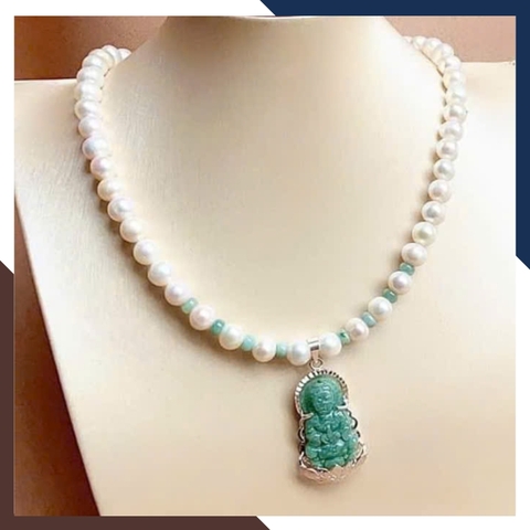 Bộ trang sức ngọc trai thật mix mặt phật bà quan âm bọc bạc cho mẹ, phụ nữ trung niên, người lớn tuổi mã AC1050