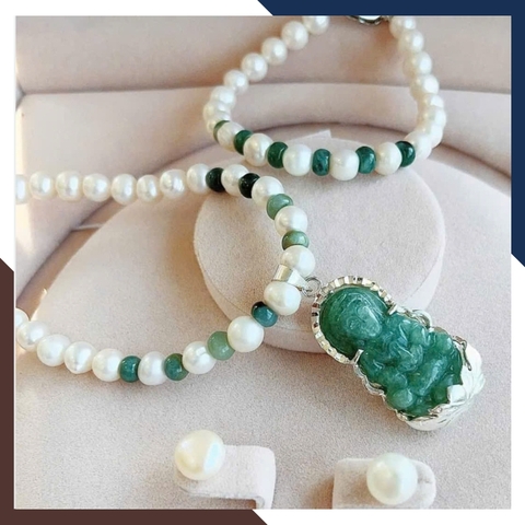 Bộ trang sức ngọc trai thật mix mặt phật bà quan âm bọc bạc cho mẹ, phụ nữ trung niên, người lớn tuổi mã AC1050