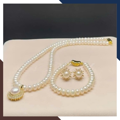 Bộ trang sức ngọc trai thật nuôi nước ngọt cao cấp cho nữ mặc áo dài đẹp 78T250