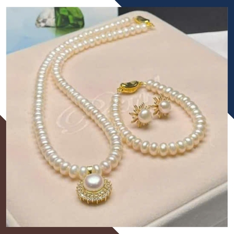 Bộ trang sức ngọc trai thật nuôi nước ngọt cao cấp cho nữ mặc áo dài đẹp 78T250