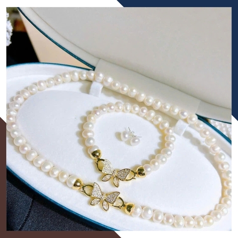 Bộ trang sức ngọc trai thật nuôi nước ngọt cao cấp mẫu khoá bướm cho nữ mặc áo dài đẹp mã 78CH250K35
