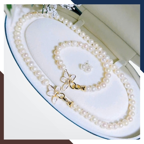 Bộ trang sức ngọc trai thật nuôi nước ngọt cao cấp mẫu khoá hình hoa cho nữ mặc áo dài đẹp mã 78CH250K70