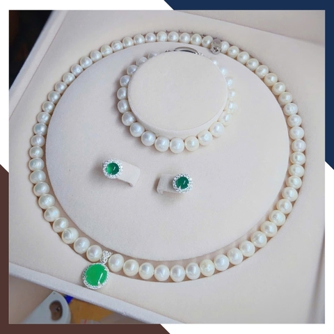 Bộ trang sức ngọc trai thật phối đá xanh BTSNT215 – Lựa chọn hoàn hảo cho quý cô
