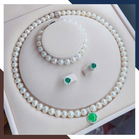 Bộ trang sức ngọc trai thật phối đá xanh BTSNT215 – Lựa chọn hoàn hảo cho quý cô