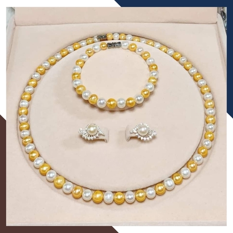 Bộ trang sức ngọc trai trắng vàng thanh lịch – vòng cổ, vòng tay và bông tai bạc 925 BTSNT11