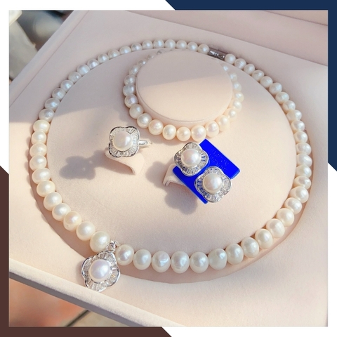 Bộ trang sức ngọc trai tự nhiên có mặt hình cỏ 4 lá, mẫu vòng ngọc trai mặc áo dài đẹp cho nữ mã 78B1129