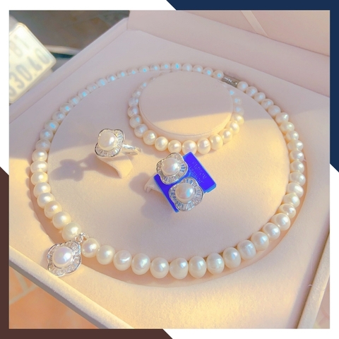 Bộ trang sức ngọc trai tự nhiên có mặt hình cỏ 4 lá, mẫu vòng ngọc trai mặc áo dài đẹp cho nữ mã 78B1129