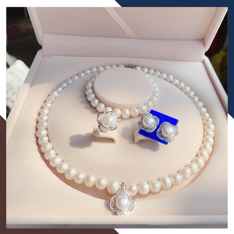 Bộ trang sức ngọc trai tự nhiên có mặt hình cỏ 4 lá, mẫu vòng ngọc trai mặc áo dài đẹp cho nữ mã 78B1129