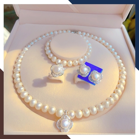 Bộ trang sức ngọc trai tự nhiên có mặt hình cỏ 4 lá, mẫu vòng ngọc trai mặc áo dài đẹp cho nữ mã 78B1129