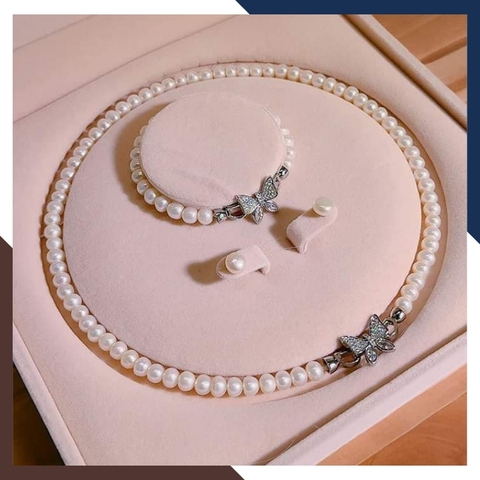 Bộ trang sức ngọc trai tự nhiên khóa hình con bướm, mẫu vòng ngọc trai mặc áo dài đẹp cho nữ mã 67B1192