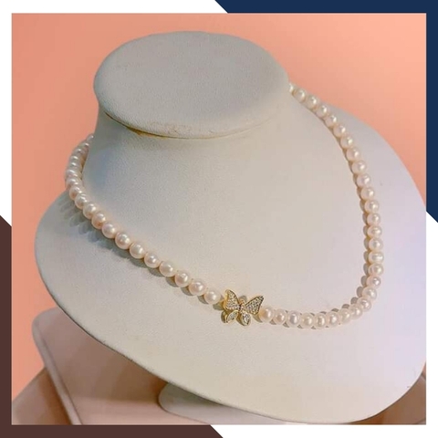 Bộ trang sức ngọc trai tự nhiên khóa hình con bướm, mẫu vòng ngọc trai mặc áo dài đẹp cho nữ mã 67B1192