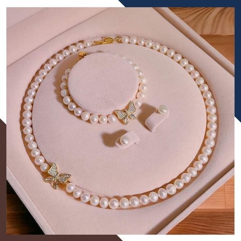Bộ trang sức ngọc trai tự nhiên khóa hình con bướm, mẫu vòng ngọc trai mặc áo dài đẹp cho nữ mã 67B1192