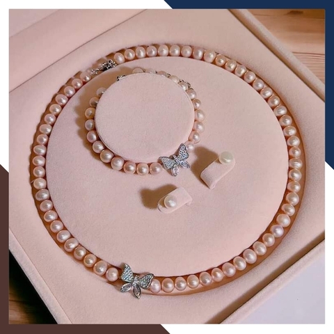 Bộ trang sức ngọc trai tự nhiên khóa hình con bướm, mẫu vòng ngọc trai mặc áo dài đẹp cho nữ mã 67B1192