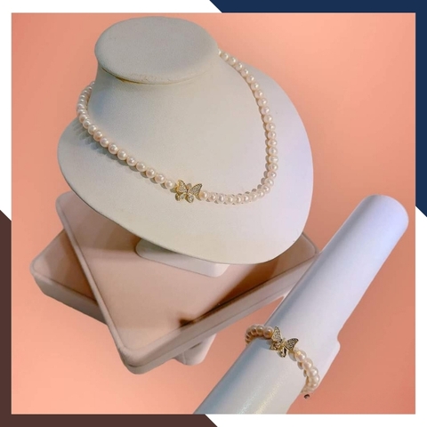 Bộ trang sức ngọc trai tự nhiên khóa hình con bướm, mẫu vòng ngọc trai mặc áo dài đẹp cho nữ mã 67B1192