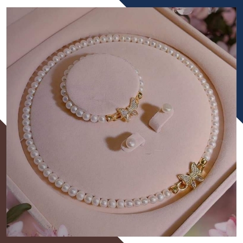 Bộ trang sức ngọc trai tự nhiên khóa hình con bướm, mẫu vòng ngọc trai mặc áo dài đẹp cho nữ mã 67B1192