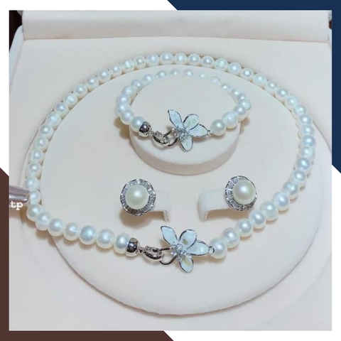 Bộ trang sức ngọc trai tự nhiên khóa hình hoa, mẫu vòng ngọc trai choker mặc áo dài đẹp cho nữ mã 78AC990