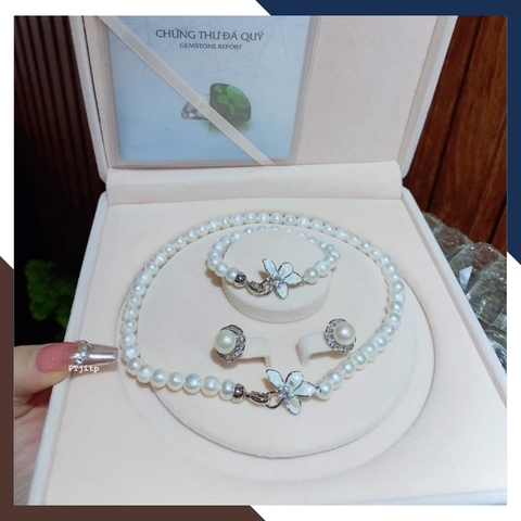Bộ trang sức ngọc trai tự nhiên khóa hình hoa, mẫu vòng ngọc trai choker mặc áo dài đẹp cho nữ mã 78AC990
