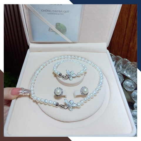 Bộ trang sức ngọc trai tự nhiên khóa hình hoa, mẫu vòng ngọc trai choker mặc áo dài đẹp cho nữ mã 78AC990