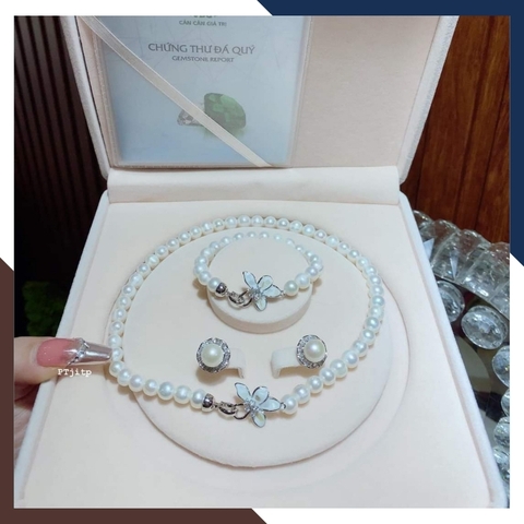 Bộ trang sức ngọc trai tự nhiên khóa hình hoa, mẫu vòng ngọc trai choker mặc áo dài đẹp cho nữ mã 78AC990