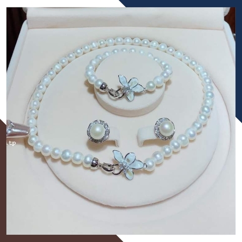 Bộ trang sức ngọc trai tự nhiên khóa hình hoa, mẫu vòng ngọc trai choker mặc áo dài đẹp cho nữ mã 78AC990