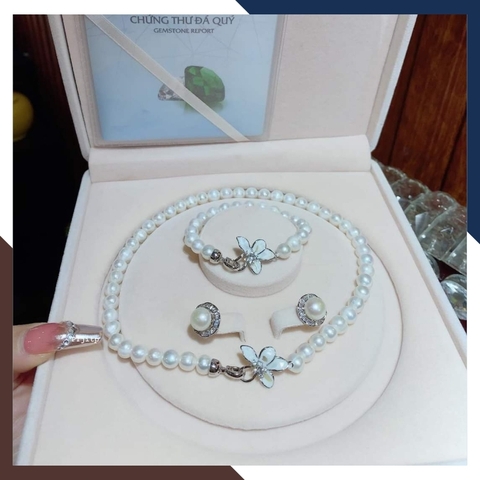 Bộ trang sức ngọc trai tự nhiên khóa hình hoa, mẫu vòng ngọc trai choker mặc áo dài đẹp cho nữ mã 78AC990