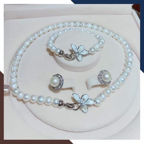 Bộ trang sức ngọc trai tự nhiên khóa hình hoa, mẫu vòng ngọc trai choker mặc áo dài đẹp cho nữ mã 78AC990