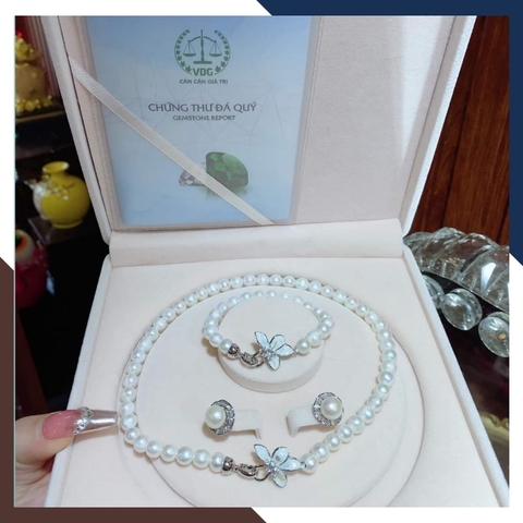 Bộ trang sức ngọc trai tự nhiên khóa hình hoa, mẫu vòng ngọc trai choker mặc áo dài đẹp cho nữ mã 78AC990