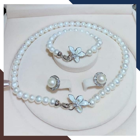 Bộ trang sức ngọc trai tự nhiên khóa hình hoa, mẫu vòng ngọc trai choker mặc áo dài đẹp cho nữ mã 78AC990