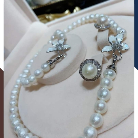 Bộ trang sức ngọc trai tự nhiên khóa hình hoa, mẫu vòng ngọc trai choker mặc áo dài đẹp cho nữ mã 78AC990