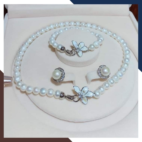 Bộ trang sức ngọc trai tự nhiên khóa hình hoa, mẫu vòng ngọc trai choker mặc áo dài đẹp cho nữ mã 78AC990