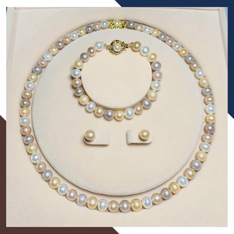 Bộ trang sức ngọc trai tứ quý 4 màu 8–9mm cao cấp – Set vòng cổ, vòng tay & bông tai BTSNT10