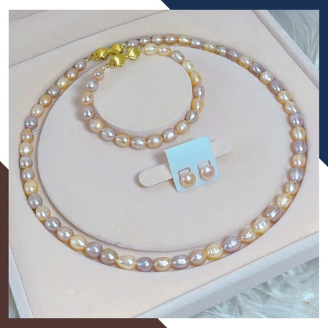 Bộ Trang Sức Ngọc Trai Xoài Phối 2 Màu Hồng Tím BTSNT265 – Khóa Nơ Xi Vàng