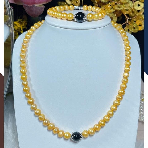 Bộ vòng ngọc trai vàng mix đá mã não tự nhiên mã BTSNT19