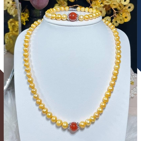 Bộ vòng ngọc trai vàng mix đá mã não tự nhiên mã BTSNT19