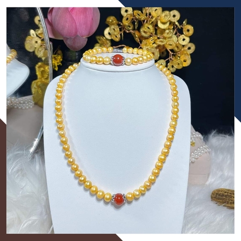 Bộ vòng ngọc trai vàng mix đá mã não tự nhiên mã BTSNT19