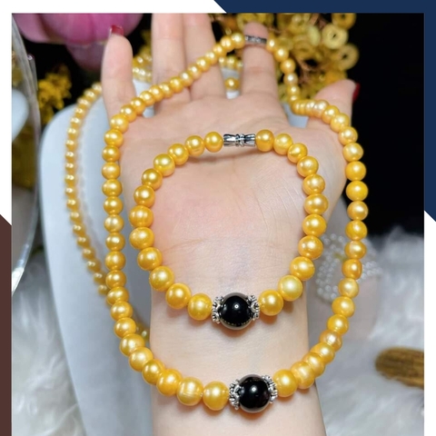 Bộ vòng ngọc trai vàng mix đá mã não tự nhiên mã BTSNT19
