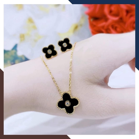 Bộ trang sức vàng cỏ 4 lá đen, gồm dây chuyền và bông tai bằng vàng korea 10k mã D70B52