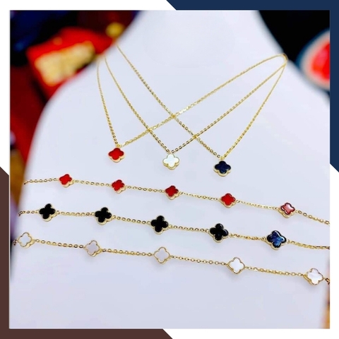 Bộ trang sức vàng cỏ 4 lá gồm dây chuyền và lắc tay bằng vàng ý 10k mã D48L64