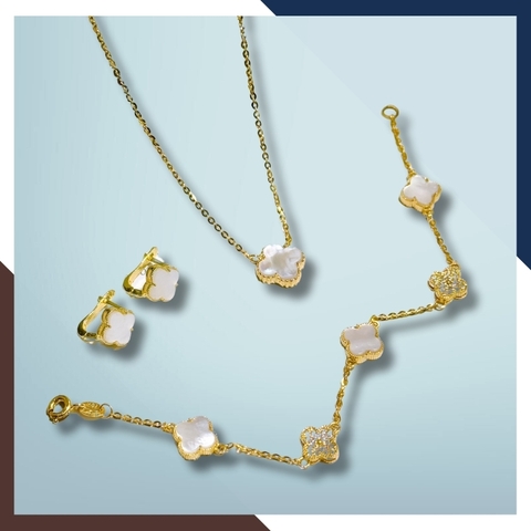 Bộ trang sức vàng tây 10k hình cỏ 4 lá gồm dây chuyền, lắc tay và bông tai mã L86D66B37