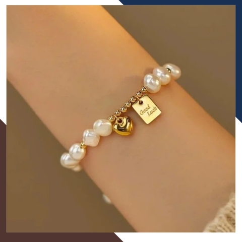 Bộ vòng cổ vòng tay ngọc trai thô phối mặt trái tim bạc cho nữ mặc áo dài trẻ đẹp mã 56T250B290