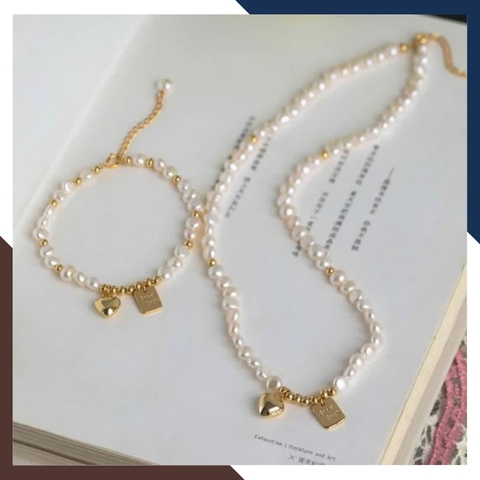 Bộ vòng cổ vòng tay ngọc trai thô phối mặt trái tim bạc cho nữ mặc áo dài trẻ đẹp mã 56T250B290