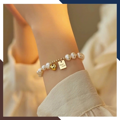 Bộ vòng cổ vòng tay ngọc trai thô phối mặt trái tim bạc cho nữ mặc áo dài trẻ đẹp mã 56T250B290